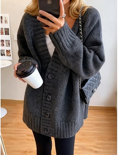  damegenser cardiganjakke mote hverdag ensfarget tykk v-hals knapper langermet vanlig topper strikket daglig lys kamelsvart høst vinter