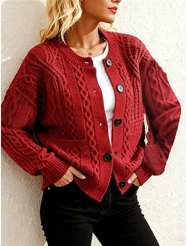  Damen-Strickjacke mit Zopfmuster, Rundhalsausschnitt, langen Ärmeln, normal geschnitten, in Blau und Rot, für den Herbst