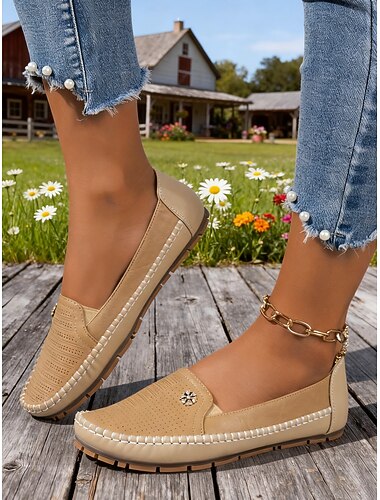  Kamelfarbene, perforierte Damen-Slipper mit Leder- und Beige-Kontrast – bequeme Sommerschuhe für Outdoor-Aktivitäten, Reisen und den Alltag