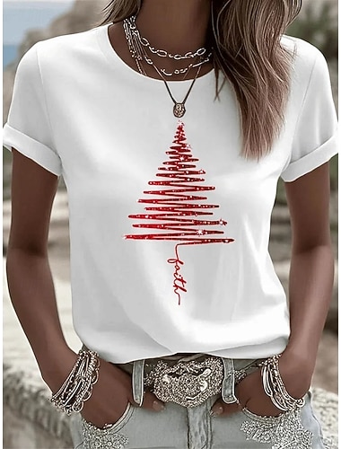  Jul Dame T skjorte Trykt mønster Grafisk Jul Årgang Stilfull Klassisk Kortermet Crew-hals Vanlige topper Daglig Svart Hvit Rosa Oransje Grønn Sommer Vår Høst Vinter