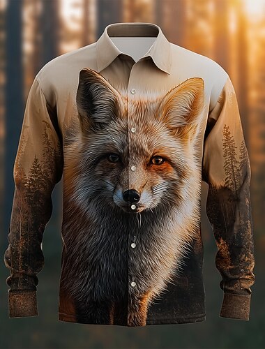  Miesten Eläin Kettu Metsä Paita Button Up paita Pitkähihainen Vintage retro ulko- Kausaliteetti Metsästys Kevät Syksy Sänkyjen avaus 3D-tulostus kauluspaidat Vaalea khaki Vaalean ruskea Khaki