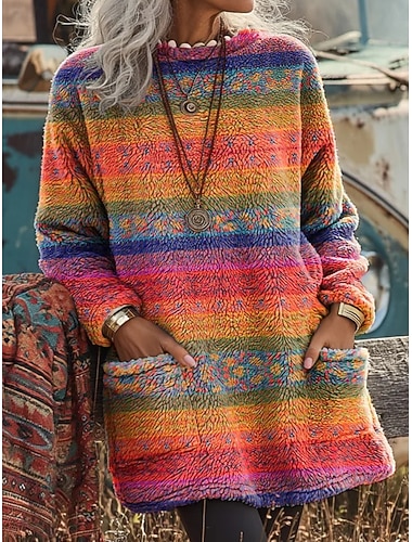  Γυναικεία Φούτερ πουλόβερ Με Κουκούλα Γραφική Γεωμετρικό Μοντέρνα Καθημερινό Μακρυμάνικο Στρογγυλή Ψηλή Λαιμόκοψη Μακριές μπλούζες Δρόμος Καθημερινή Ένδυση Causal Στάμπα Κίτρινο Πορτοκαλί