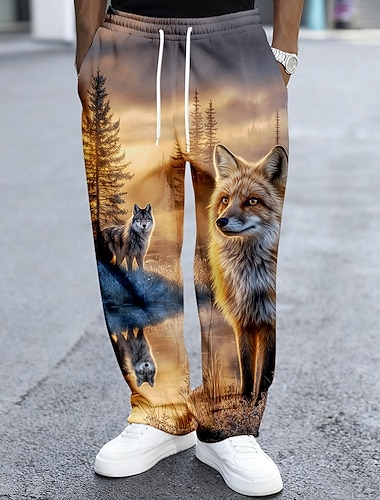  Herren Fuchs Tierwelt Natur & Landschaft Jogginghose Hose Freizeithose Mittlere Taille Vintage-Retro Outdoor Jagd Trainieren Elastischer Kordelzug in der Taille Gerade geschnittene Hose mit Taschen