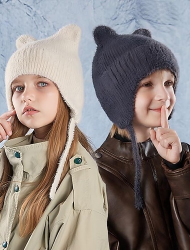  Gorro de inverno infantil para meninos e meninas, com orelhas de gato de desenho animado, gorro de tricô quentinho com protetores de orelha, macio e aconchegante para bebês e crianças pequenas, ideal