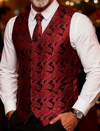  Муж. Жилет Рождество Отпуск Для вечеринок Бизнес Мода На каждый день Весна Осень Пуговицы Полиэстер Удобный Огурцы Однобортный с 1 пуговицей V-образный вырез Стандартный Красный Золотой Зеленый Жилет
