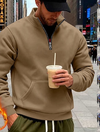  Herren Sweatshirt Fleece-Sweatshirt Pullover Viertelreißverschluss Sweatshirt Schwarz Weiß Armeegrün Marineblau Kamel Stehkragen Einfach Kängurutasche Sport & Outdoor Lässig Täglich Streetwear Cool