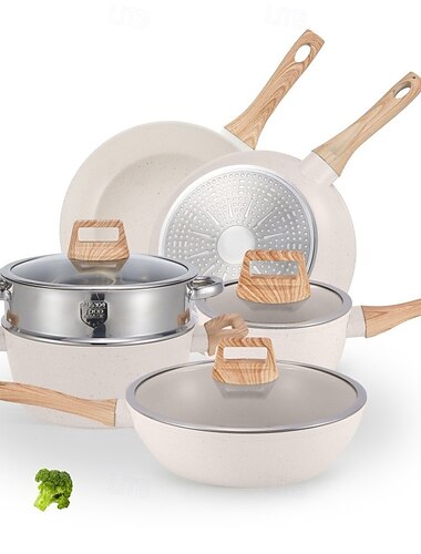  12-delars set med kastruller och stekpannor, non-stick kokkärl, vit