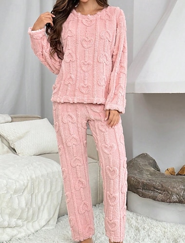  Damen Schlafanzug Freizeitkleidung Schlafanzug Set Lässig Einfarbig Elastischer Bund Hose Heim Täglich Bett Langarm Rundhalsausschnitt Rosa Herbst Winter Lässiger Schnitt