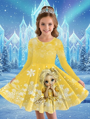  ragazze' 3D Grafico Anime Fiocco di neve Abito Manica Lunga Stampa 3D Primavera Autunno Performance Vacanza Feste Casual Principessa Bello Bambini 4-12 Anni Vestito Casual Abito a trapezio Lunghezza