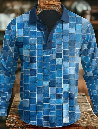  Herre Fargeblokk Geometrisk Polo Langermet Poloskjorter Knaphul Fritid utendørs Gate treningsklær Dagligdagstøy 3D-utskrift Knapper Vår Høst Vinter Blå Himmelblå Grå