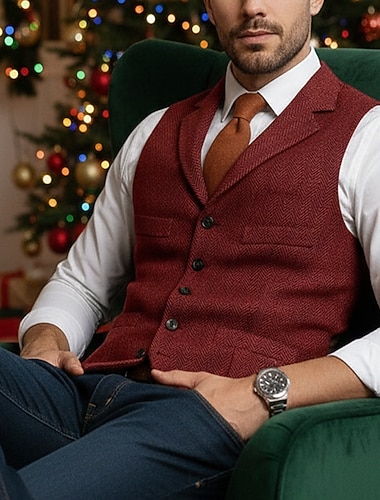 Herren Weste Formell Hochzeit Weihnachten Urlaub Mode Klassisch Frühling Herbst Tasche Knöpfe Wolle Acryl Bequem Einfach Fischgrätenmuster Einreihig Revers Normale Passform Schwarz Champagner Rote