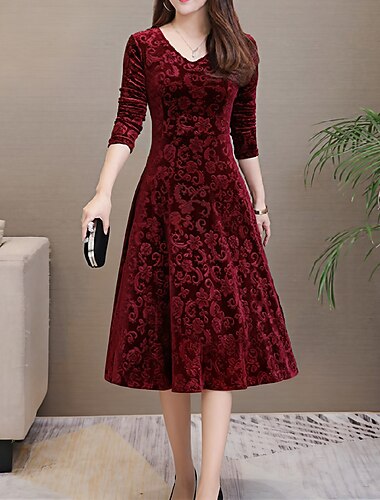  Γυναικεία Μίντι φόρεμα Βελούδινο Φόρεμα Φόρεμα για πάρτυ Φόρεμα ριχτό από τη μέση και κάτω Σμαραγδένιο Πράσινο Φόρεμα Κομψό Μοντέρνα Ρομαντικό Χειμερινό φόρεμα Διακοπές Επισκέπτης γάμου Λεπτό Φλοράλ