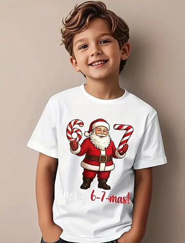  Bomull Jul Barn Gutt Svart Hvit julenissen Trykt mønster Morsom slang 67 T skjorte Bluse Crew-hals Kortermet utendørs Hverdag Mote Gatemote Designer Printer Sommer