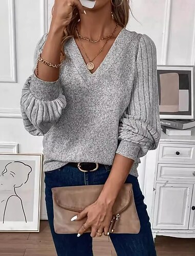  Per donna Camicia Patchwork Bottoni Stampato Tinta unica Semplice Elegante Vintage Carino Manica Lunga Scollo a V Top Regolari Grigio chiaro Primavera Autunno Inverno