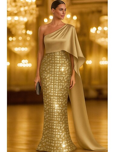  Sereia Longo Bordado com miçangas Vestido formal Vestido para a mãe da noiva Vestido de baile com capa Vestidos de noite Vestido formal Elegante Brilhante Sedoso Sem Manga Assimétrico Casamento Formal