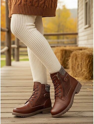  حذاء نسائي بني اللون من الجلد الصناعي برباط عند الكاحل مع لمسات محبوكة - حذاء أنيق ومتين للمشي في الهواء الطلق والعمل والنزهات غير الرسمية