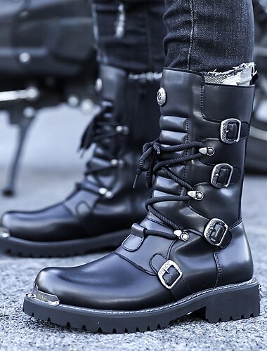  複数のバックルが付いたメンズブラックコンバットブーツ - カジュアルやアウトドア活動に最適な耐久性のあるフェイクレザーブーツ