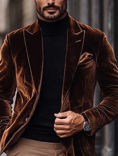  Miesten Velvet Blazerit Suljettava kaulus Vintage Muoti Vapaa-aika Yhtenäinen Blazer Ruskea Räätälöity istuvuus Yksiriviset kaksinappia