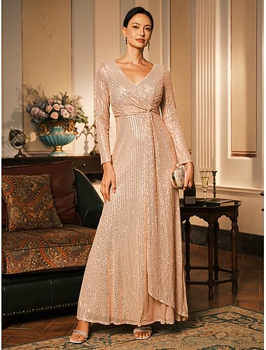  Женское платье макси, платье-трапеция, платье с пайетками, длина до пола, блестящее, элегантное, для свадебной вечеринки, вечеринки, стандартного кроя, однотонное, с длинным рукавом, с V-образным