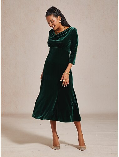  Women's Midi Dress Sheath Dress Elegant Wedding Guest Cocktail Party Solid Color 3/4 Length Sleeve Cowl Neck Emerald Green Spring Fall Winter