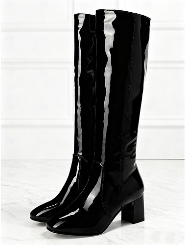  Rode lakleren knielaarzen voor dames - trendy dikke hak, ritssluiting, modieus en stijlvol voor dagelijks gebruik, feestjes en een avondje uit