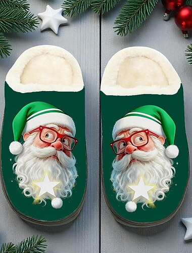  Herretøfler med julenissetrykk - festlig rødt nisse-ansikt med LED-lys, koselige plysjtøfler til julemorgen, avslapning og ferieavslapning