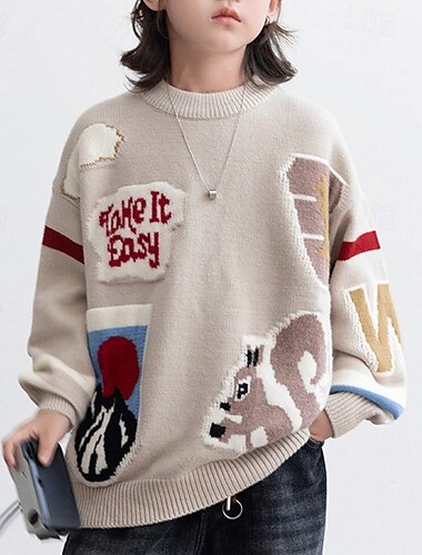  Dzieci Dla chłopców Sweter sweter Graficzny Długi rękaw Zatrzymujący ciepło Na zewnątrz Moda Khaki Jesień Odzież 4-12 lat