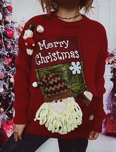  女性用 ニット プルオーバー ポンポン クリスマスプレゼント ストリートファッション レタード サンタクロース クルーネック ニット プリント 長袖 レギュラートップス ニット クリスマス 日常 祝日 ルビーレッド 秋 冬