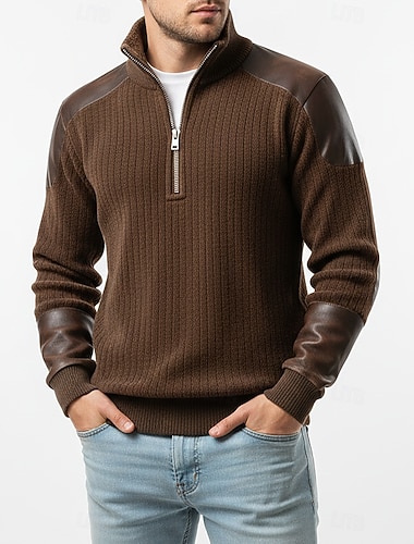  Herren Pullover Viertelreißverschluss Sweatshirt Rippenstrick Braun Stehkragen Halber Reißverschluss Einfach Patchwork Gerippt Strukturiert Sport & Outdoor Lässig Täglich Streetwear Cool