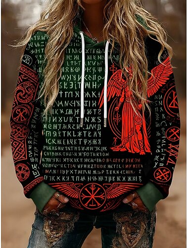  női viking pulóverek kapucnis pulóverek grafikus vintage lezser hosszú ujjú kapucnis normál felsők mindennapi viselet lezser sport húzózsinóros zsebes mintás zöld tavasz ősz