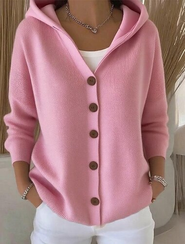  Жен. Вязаная ткань Кардиган Мода Уличный стиль На каждый день Чистый цвет Капюшон Карман Трикотаж Длинный рукав Обычные топы Вязать на открытом воздухе Повседневные выходные Черный Желтый Осень Зима