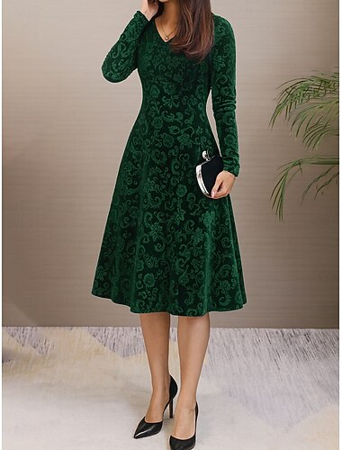  Velours-Maxikleid für Damen A-Linien-Kleid lässig täglich Feiertage Ausgehen reguläre Passform floral lange Ärmel V-Ausschnitt Schwarz Weinrot Blau Lila Frühling Herbst Winter