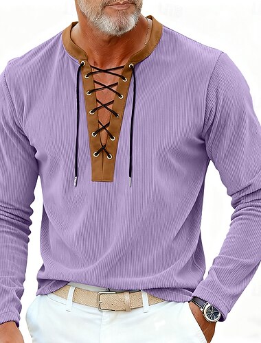  Homme T-shirt Chemise en velours côtelé manche longue Col montant Automne Printemps & Automne Bloc de Couleur Uni ancien Designer Basique À lacets Patchwork Extérieur Vacances Rue Noir Pourpre bleu