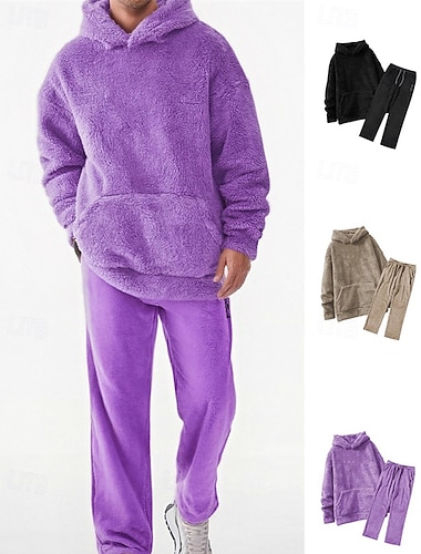  Herren Trainingsanzug Hoodie & Hose Outfit-Set Kapuzenpullover Set Kapuzenpullover Outdoor Täglich Sport Kordelzug Tasche Einfach Schwarz Purpur Khaki Fleece Polyester Sportkleidung Mode Streetwear