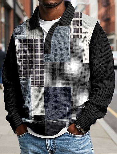  Pánské Geometrické tvary Çizgi Waffle Polo košile Dlouhý rukáv Polo tričko Košile s límečkem Na běžné nošení Denní nošení Knoflíky Jaro Podzim Zima Bílá Modrá Světle šedá