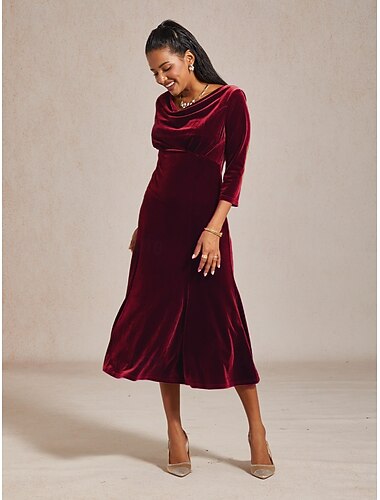  Dámské Midi šaty Plášťové šaty Turmpetové šaty Elegantní Párty Svatební host Koktejlový večírek Běžný Pevná barva 3/4 délka rukávu Nabíraný krk Fialová