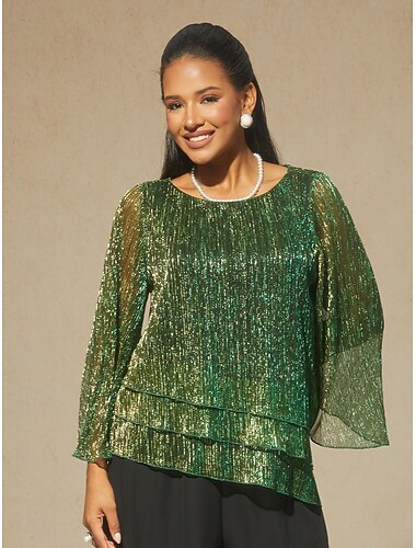  Damen Bluse Elegante Oberteile Chiffon Tops Plissiert Glitzer Elegant Rundhalsausschnitt Hochzeitsgast Ausgehen Grün Sommer Frühling Herbst