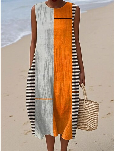  Robe Midi Femme Robe en Lin Robe d'Été Robe Ample A Ligne Vacances Casual Boho Plage Sortie Coupe Lousse Graphique Géométrique Sans Manches Col Ras du Cou Bleu Blanc Jaune Rose Été Printemps