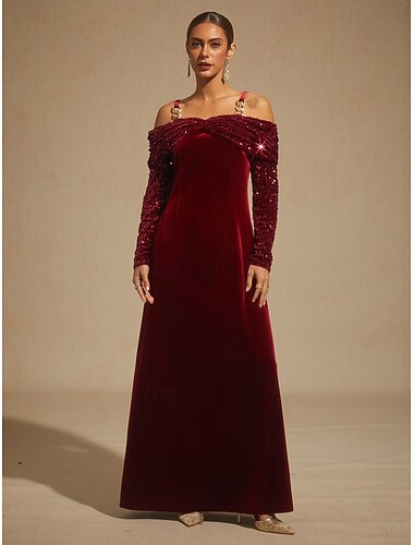  שמלת מקסי לנשים שמלת קו A שמלת קטיפה פאייטים שמלה ללא כתפיות אלגנטית מסיבת ערב צבע אחיד שרוולים ארוכים סירה מתחת לכתפיים יין אביב סתיו חורף