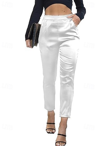  Damen Satinhosen Weites Bein Tapered Hose Chinos Elegant Streetwear Lässig Volle Länge Mittlere Taillenlinie Einfach Tasche Elastischer Bund Bequem Unelastisch Mikroelastisch Outdoor Urlaub Formell