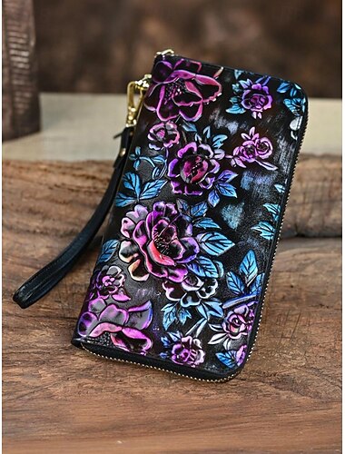  ארנק עור אמיתי לנשים - קיבולת גדולה עם עיצוב פרחוני, סגירת רוכסן, חריצים לכרטיסים וכיסים למזומן - מושלם לשימוש יומיומי ולאירועים מיוחדים