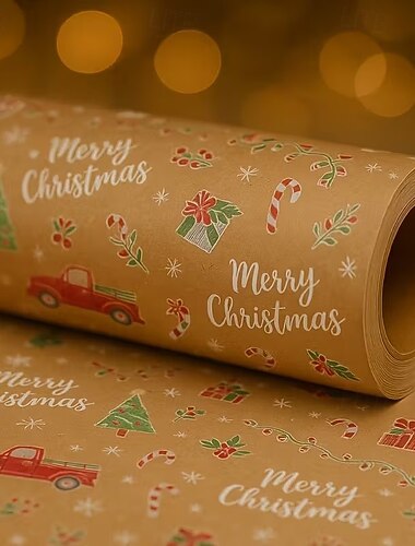  1 rollo extralargo de papel de regalo navideño de 118 pulgadas (3 m) - papel kraft de doble cara en color marrón claro con copos de nieve, campanas, bastones de caramelo, renos y el texto "Feliz