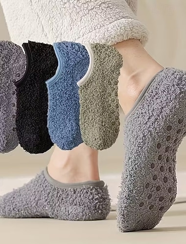  جوارب حرارية شتوية للرجال مكونة من 4 أزواج - صوف مرجاني سميك غير قابل للانزلاق مع أساور مضلعة مرنة بلون سادة ناعم، نعال منزلية داخلية مريحة ومتينة ودافئة ومريحة مناسبة لفصل الشتاء البارد