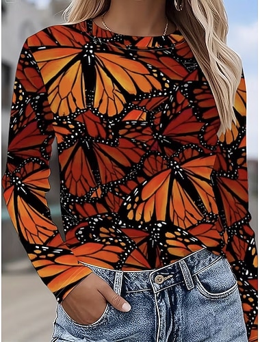  Damen T Shirt Druck Grafik Schmetterling Vintage Mode Stilvoll Langarm Rundhalsausschnitt Rundhals Normale Oberteile Täglich Wochenende Blau Purpur Orange Grün Sommer Frühling Herbst