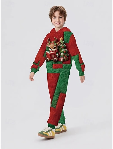  Navidad Chico 3D Graphic Cada Árbol de Navidad Conjuntos navideños regalo de Navidad Conjunto de sudadera con capucha y pantalones deportivos Manga Larga Primavera Otoño Diario Básico Casual Niños 4