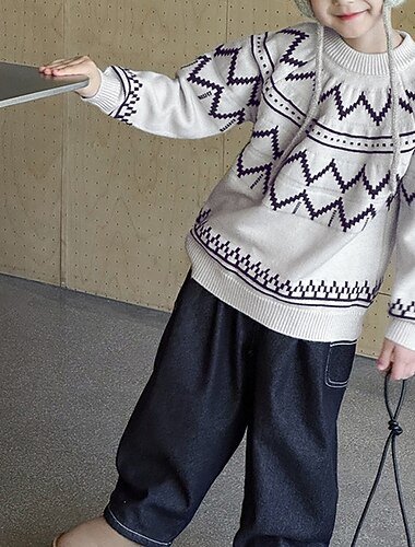  Barn Gutt Pullover genser Geometrisk Langermet Hold Varm utendørs Mote Navyblå Høst Klær 4-12 år