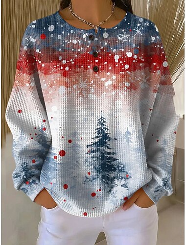  maglione da donna natalizio con grafica albero di Natale elegante vintage moda manica lunga girocollo top normali casa abbigliamento quotidiano casual bottoni blu giallo autunno inverno