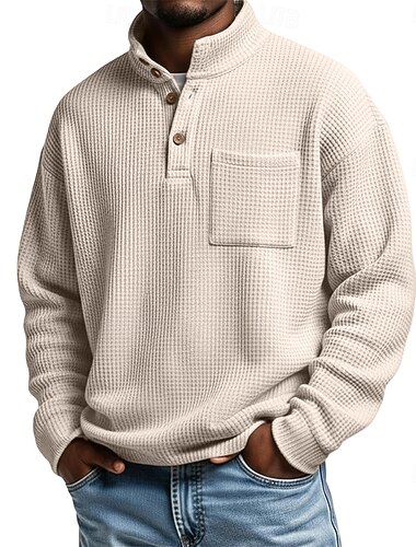  Herren Waffel T-Shirt T Shirt Waffel-Henley-Hemd Langarm Henley Winter Frühling & Herbst Einfarbig Traditionell / Vintage Rein Outdoor Heim Sport & Outdoor Hellblau Schwarz Hellgrün Top T-Shirt für