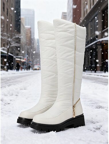  Waterdichte winterlaarzen voor dames - witte gewatteerde kniehoge laarzen met dikke zool, ideaal voor sneeuw, buitenactiviteiten en casual winterkleding
