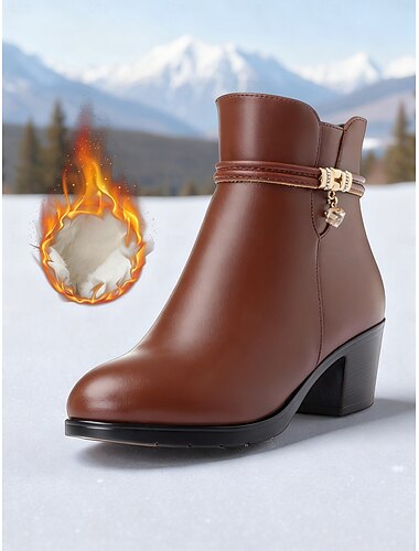  Γυναικεία καφέ μποτάκια με μάλλινη επένδυση – ζεστές χειμωνιάτικες μπότες με τακούνι από συνθετικό δέρμα για κρύο καιρό, γραφείο και casual ντύσιμο